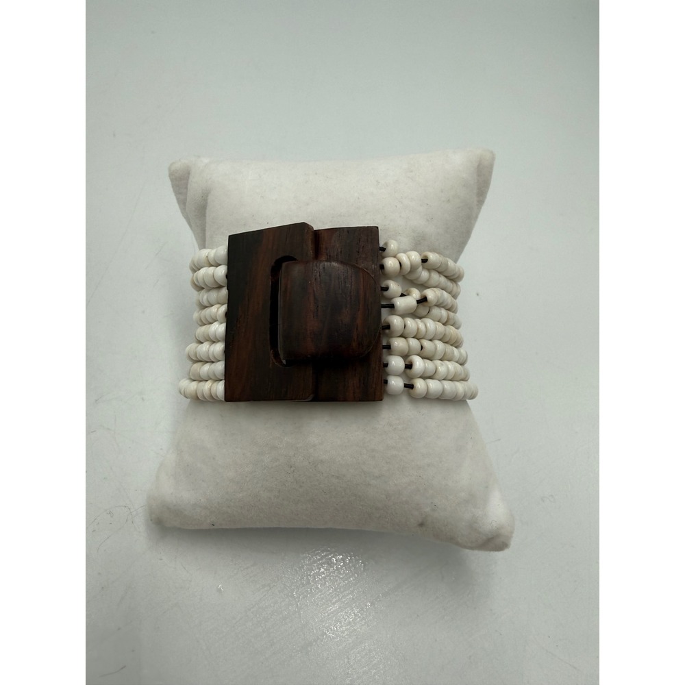 Boho Multi Strand Cream Seed Bead Cuff Bracelet with Wood Toggle Clasp 8.5 Inch‎